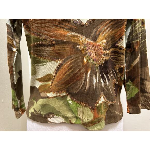 Chaudry Sports Women's V-Neck Autumn Floral Top Beaded Boho Blouse - Size M - Picture 3 of 6